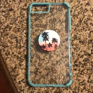 Clear and blue iPhone 8+ phone case w/ pop socket